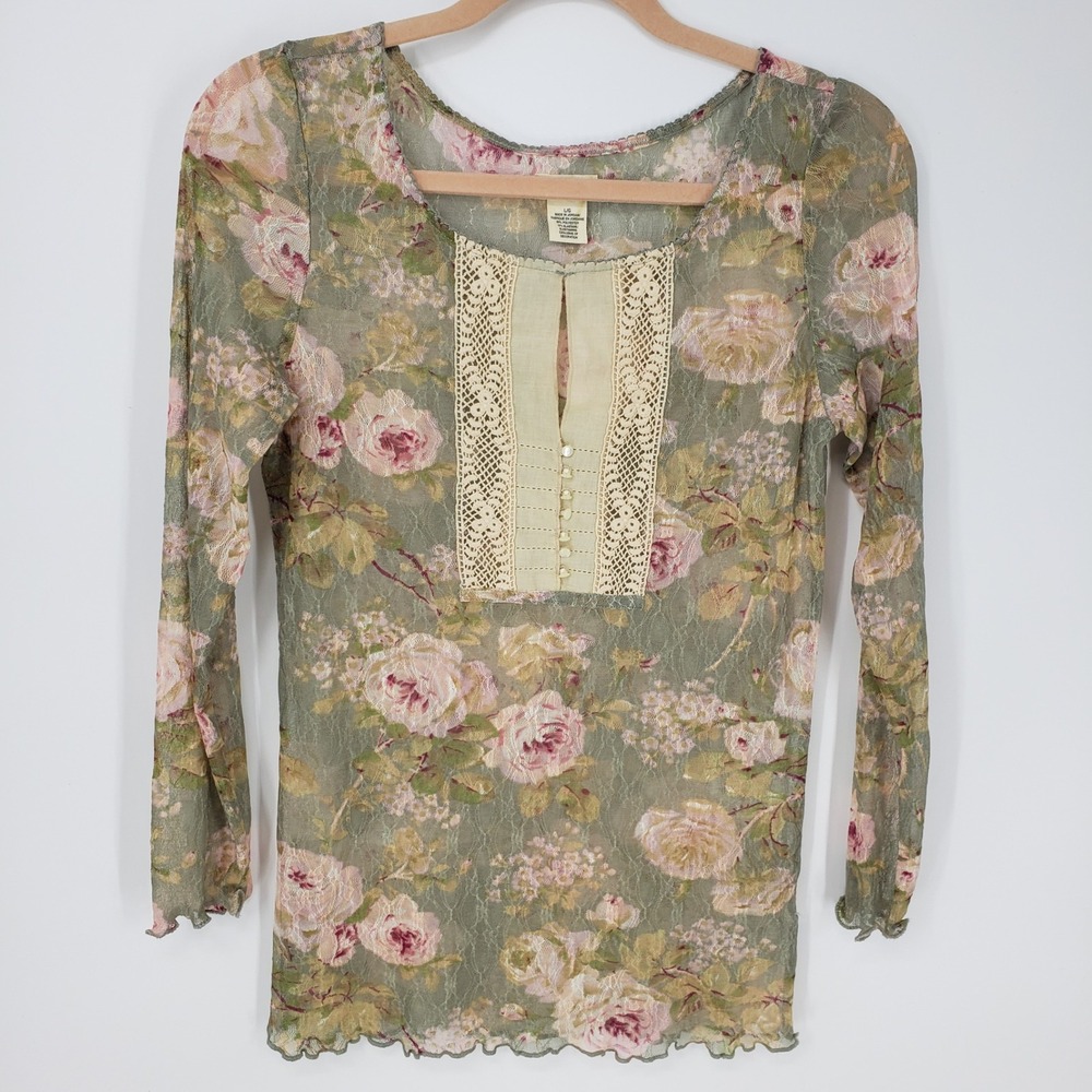 Denim & Supply Ralph Lauren Floral Lace Mesh Top Women L Sheer Green Cottagecore